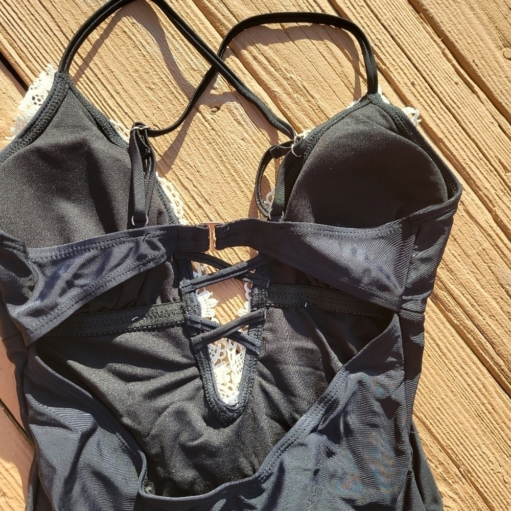 Misty Pearl Black One-Piece Swimsuit with White Lace Plunge - Picture 10 of 12